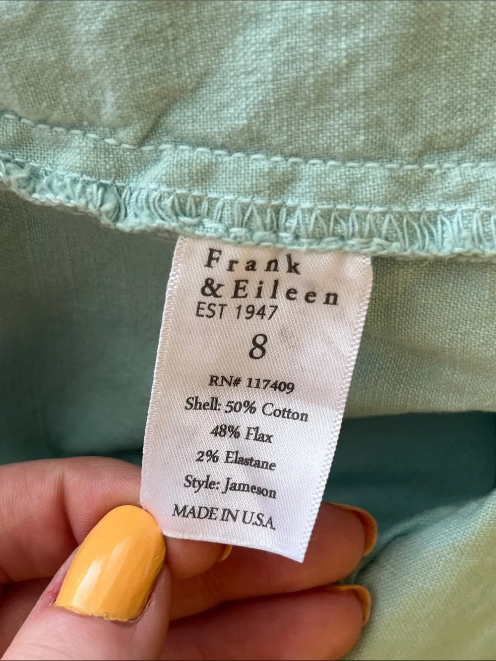 Frank & Eileen Jameson Linen Cotton Blend Seafoam Blue Jogger Pants Size 8